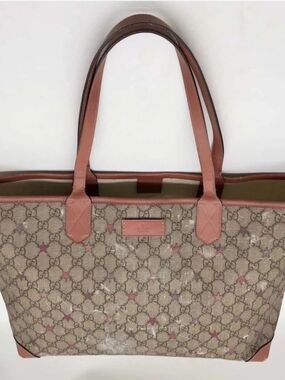 Gucci Beige GG Supreme Canvas Tote with Pink Brown Leather Handles